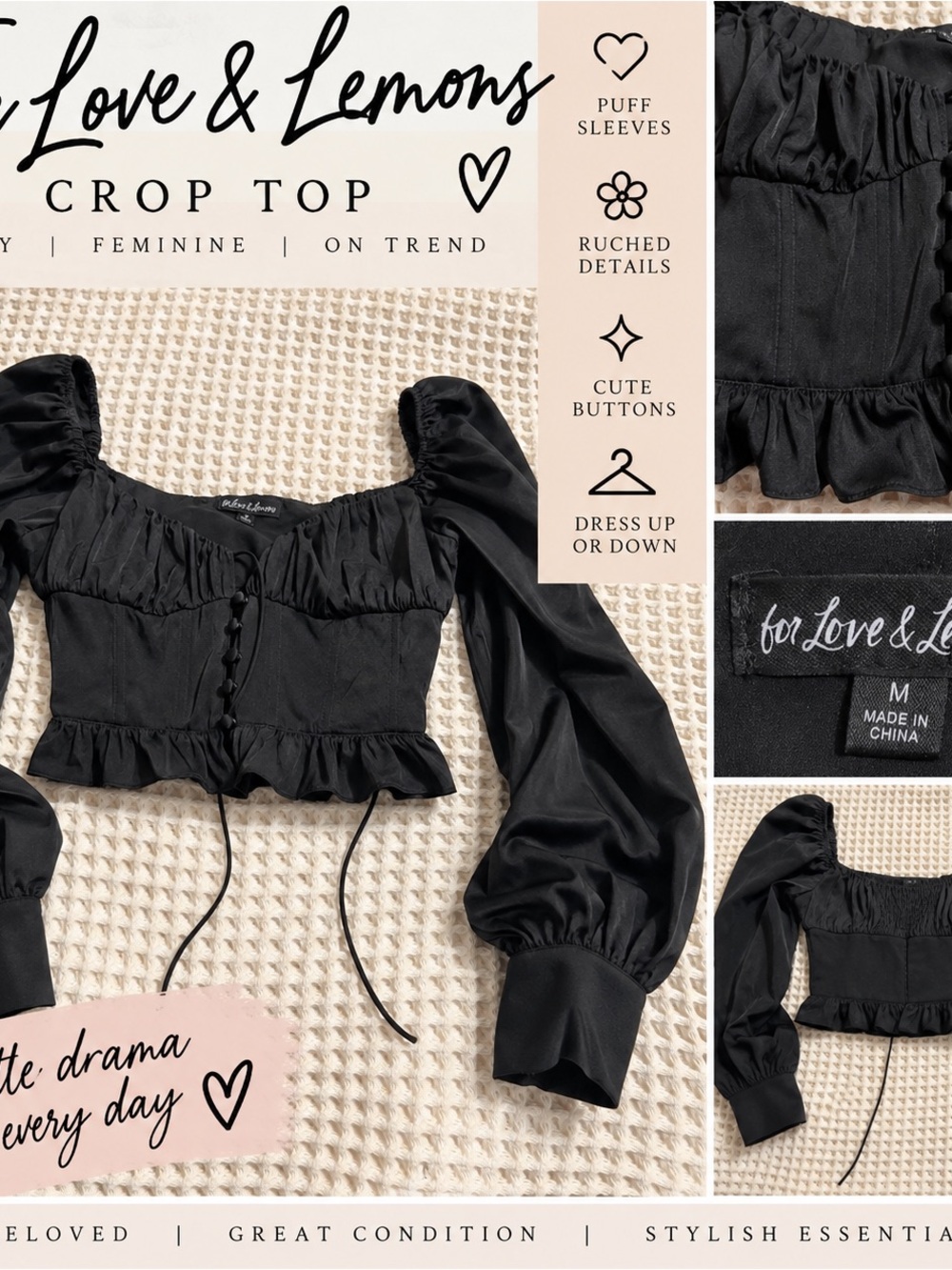 For Love & Lemons Black Ruched Puff-Sleeve Button-Front Crop Top